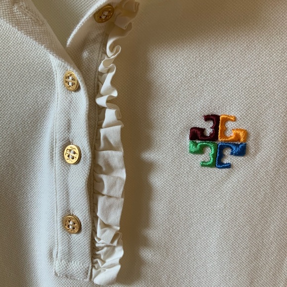 TORY BURCH RUFFLE TRIM POLO WHITE COTTON SHIRT - Picture 6 of 10